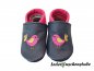 Preview: Lederpuschen dunkelblau-pink, beiderseits Vogel (pink,helgrün,orange) von Rock Queen